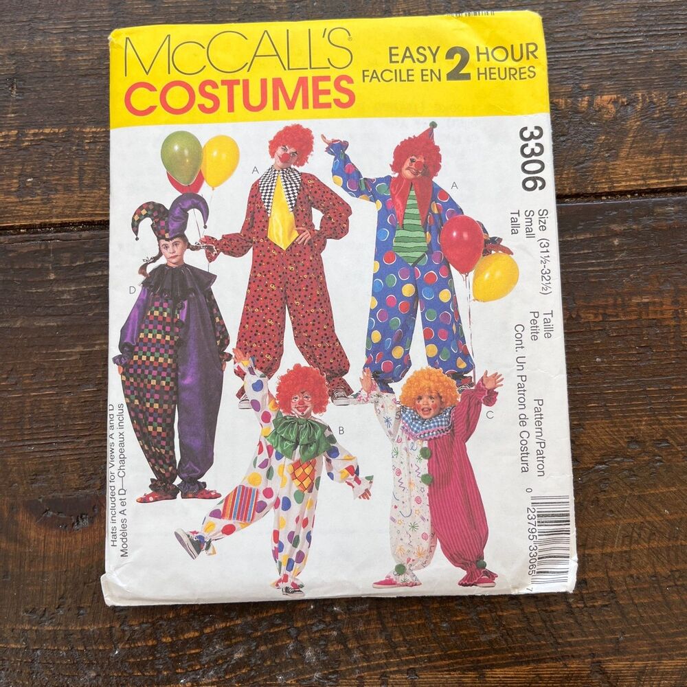 McCalls #3606 Clown Costume Easy 2 Hour Sewing Pattern Size Small (31½-32½)